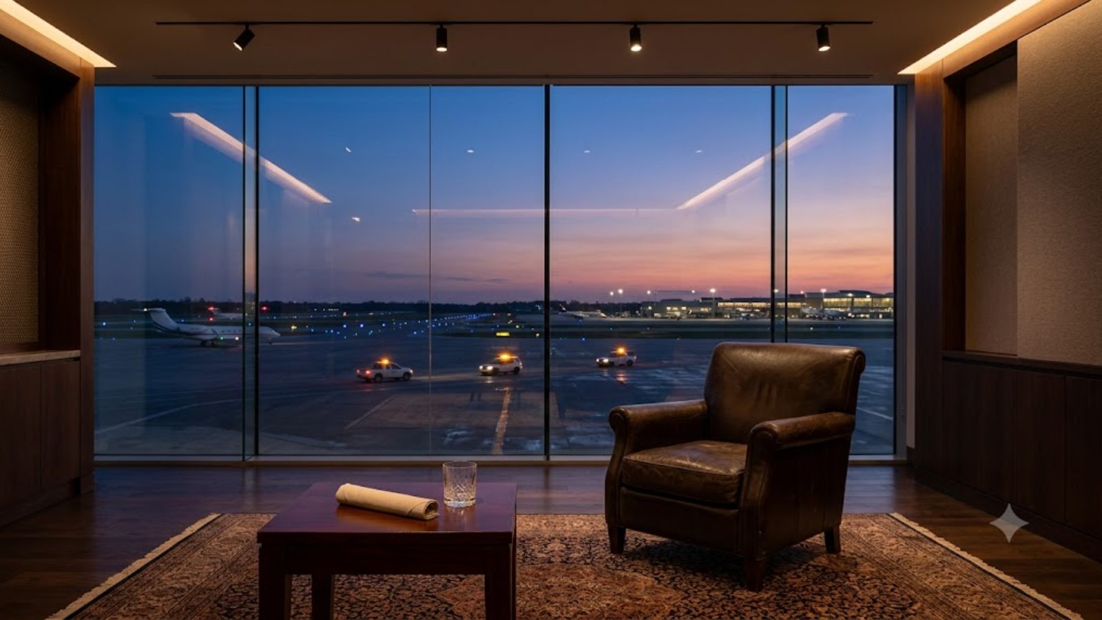 An empty private lounge, one armchair facing a window onto a taxiway