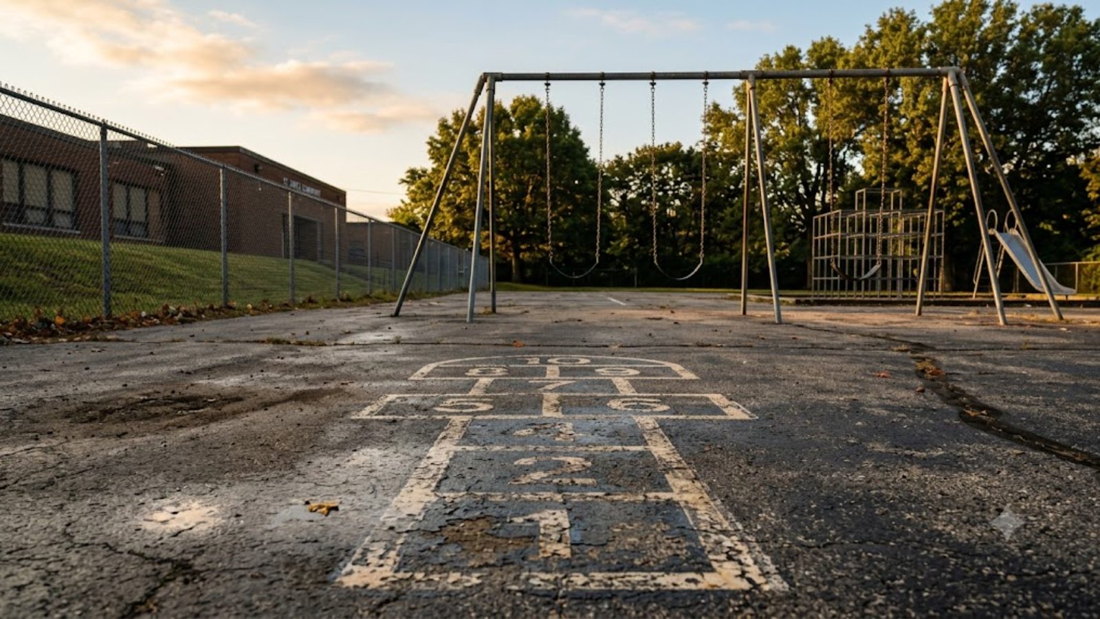 An empty school playground with a faded painted hopscotch grid, early morning light