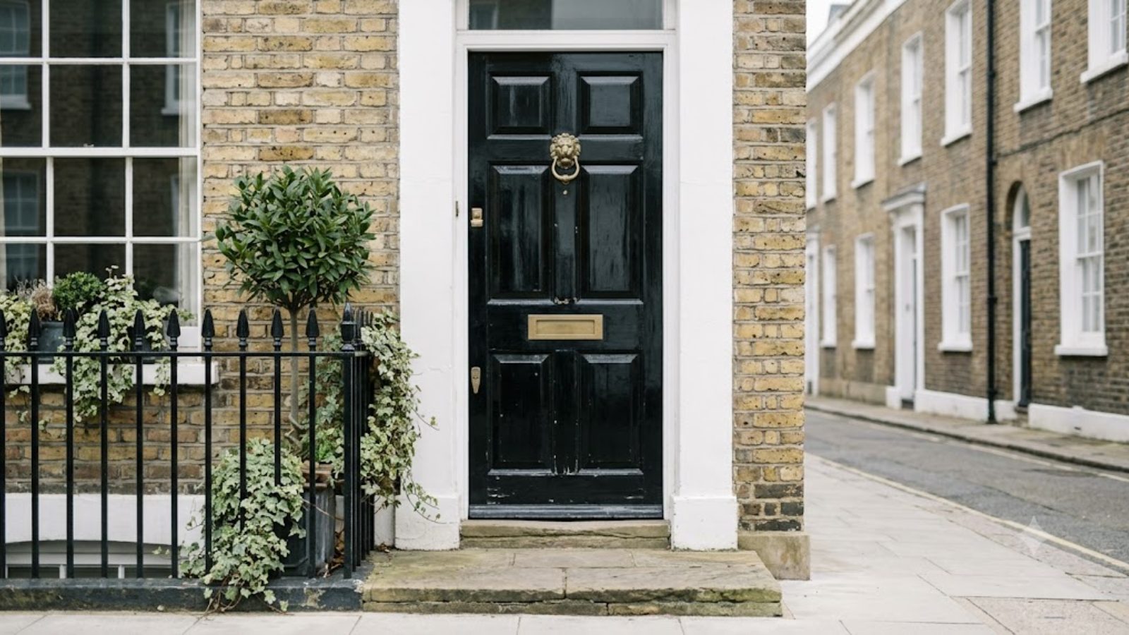 A black-painted front door with a brass letterbox on a quiet terraced street