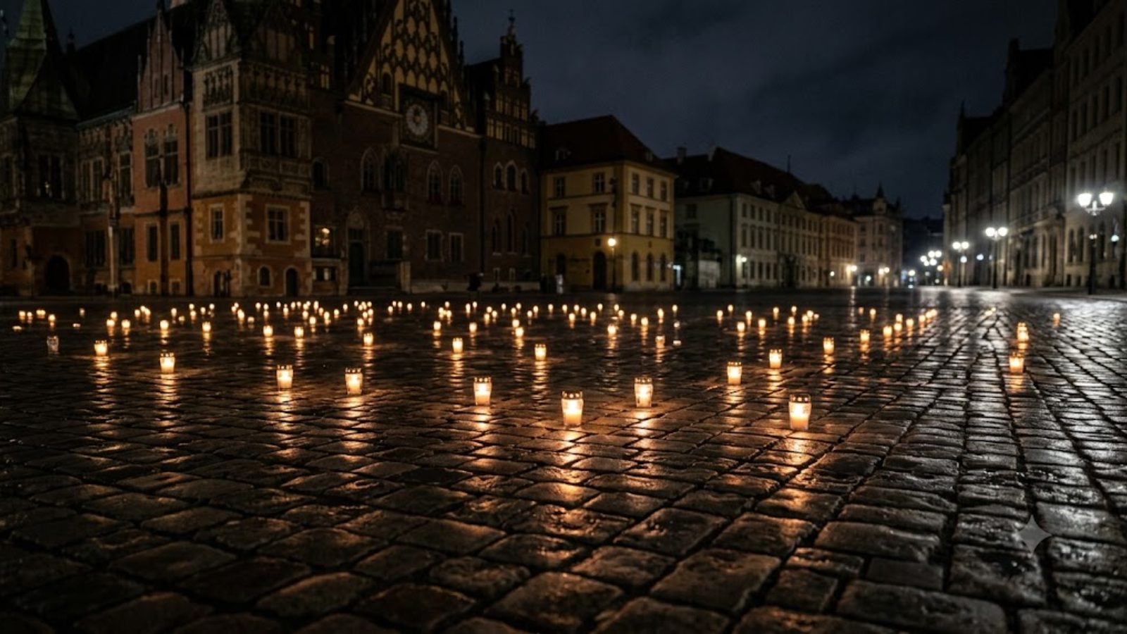 An empty city square at night, scattered candles burning on wet cobblestones