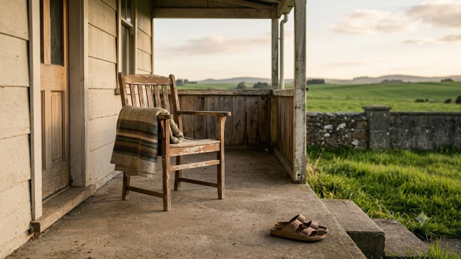 An empty wooden chair and a folded blanket on a swept porch of a rural house