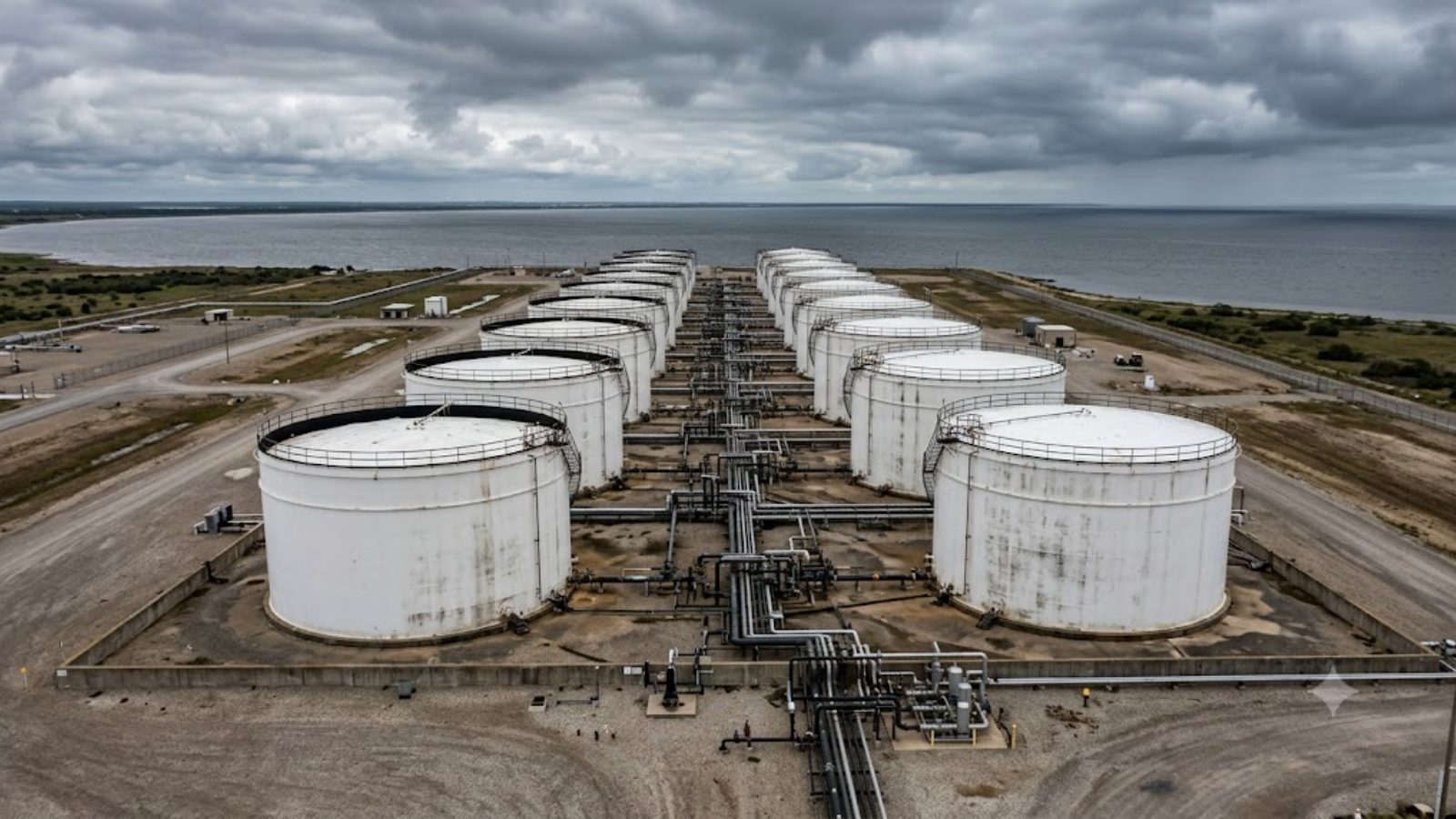 A row of covered crude storage tanks on a flat coastal terminal under an overcast sky
