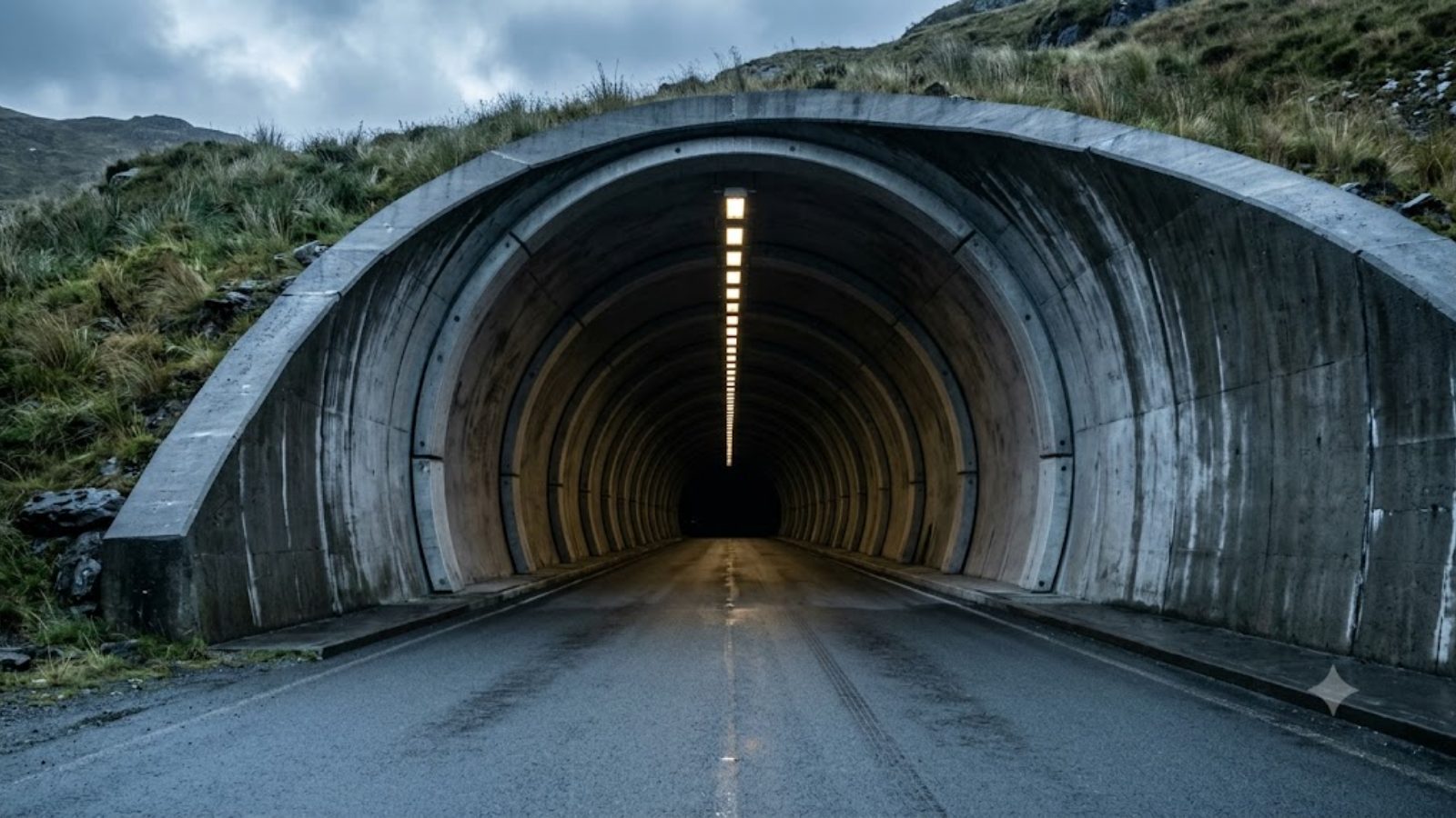 A concrete tunnel portal lit by a single strip of ceiling light, no vehicles