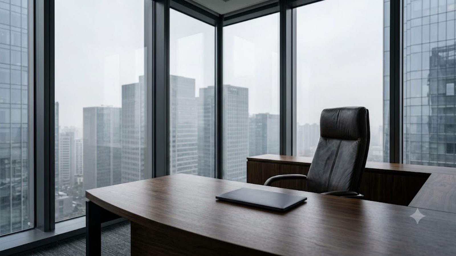 An empty leather chair behind a bare desk in a glass-walled corner office