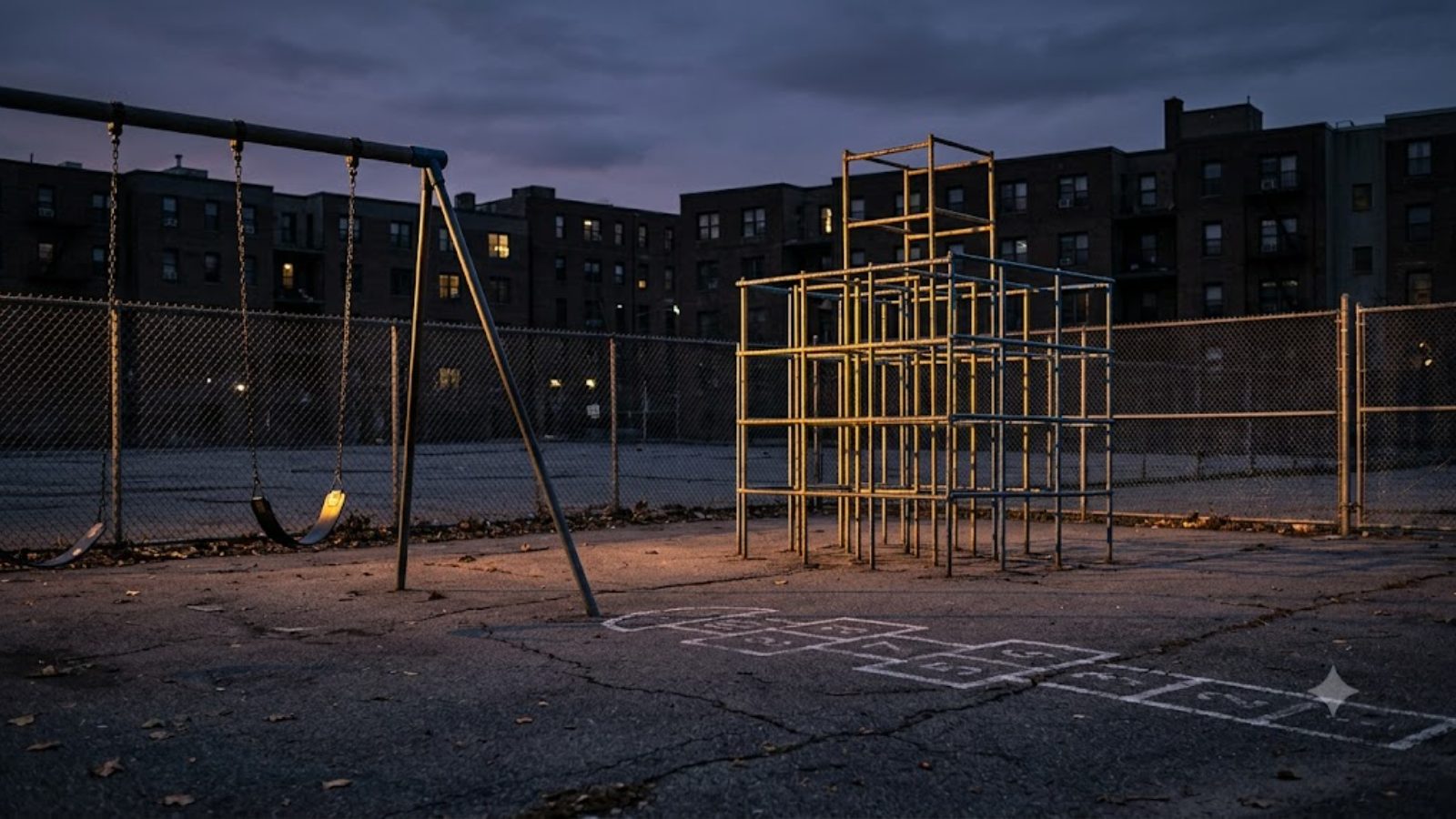 An empty city playground at dusk, one swing still moving, painted lines faded on the asphalt