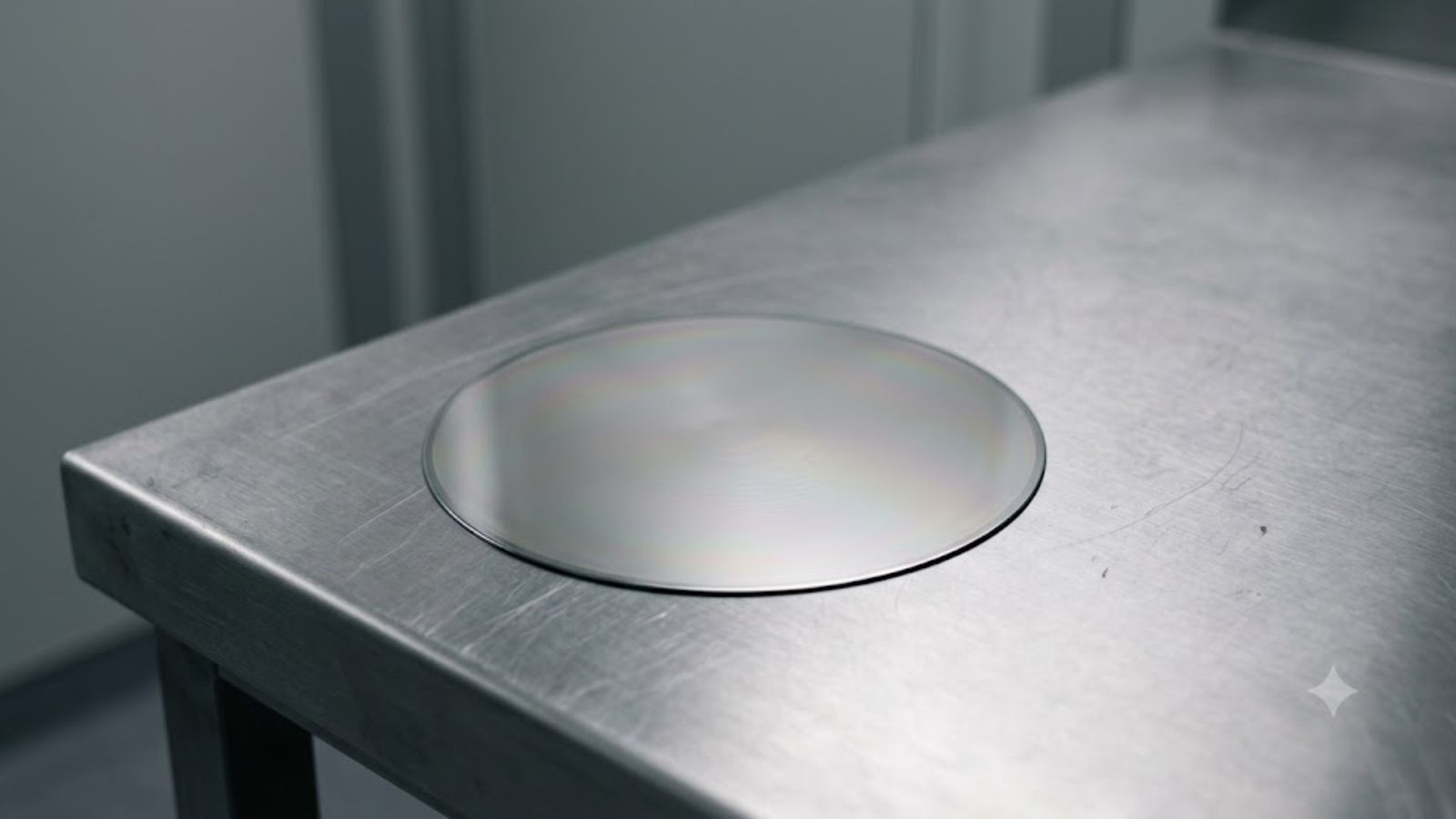A single silicon wafer resting face-up on a bare steel bench under raking light, no markings visible