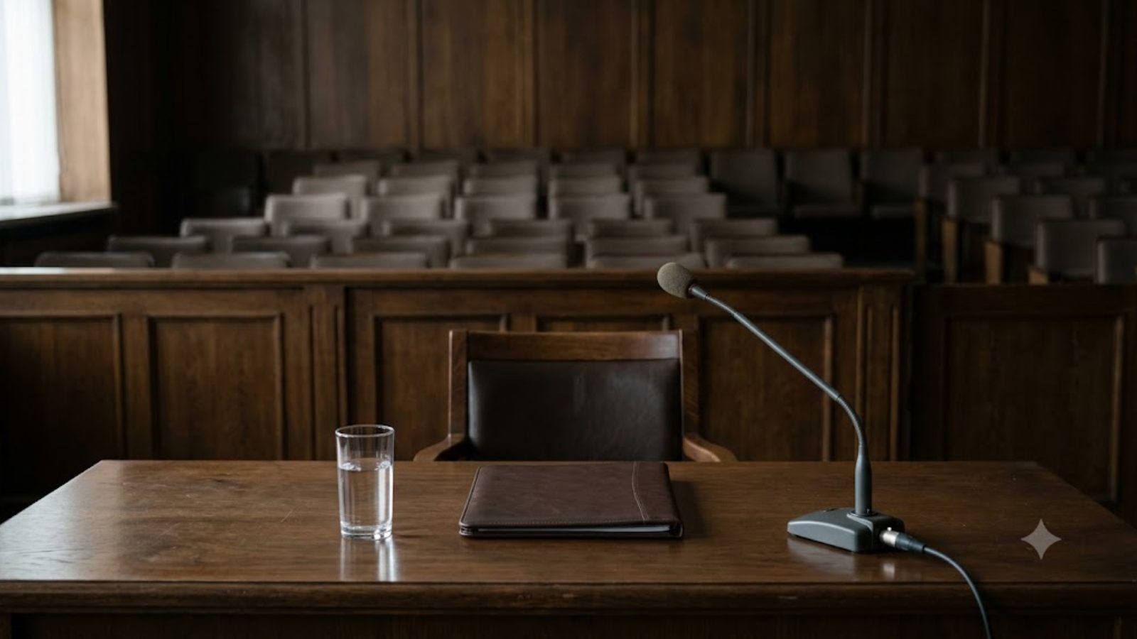 An empty witness table with a microphone and a closed leather folder in a hearing room