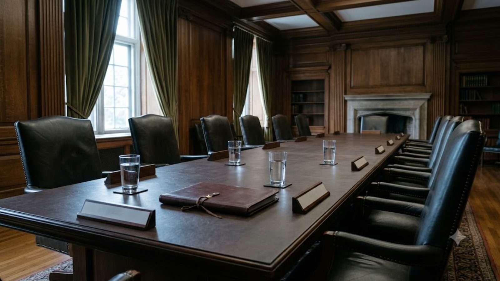 An empty committee room, blank nameplates along a long table, cool grey daylight