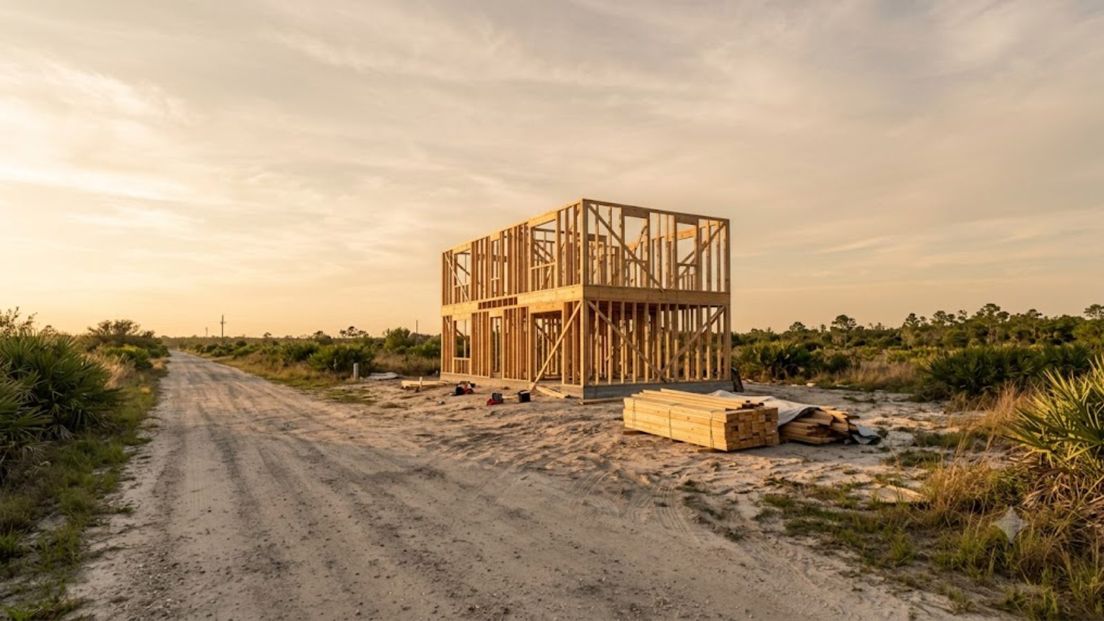 A half-framed house on a bare sand lot at the end of an unpaved grid road, late afternoon light