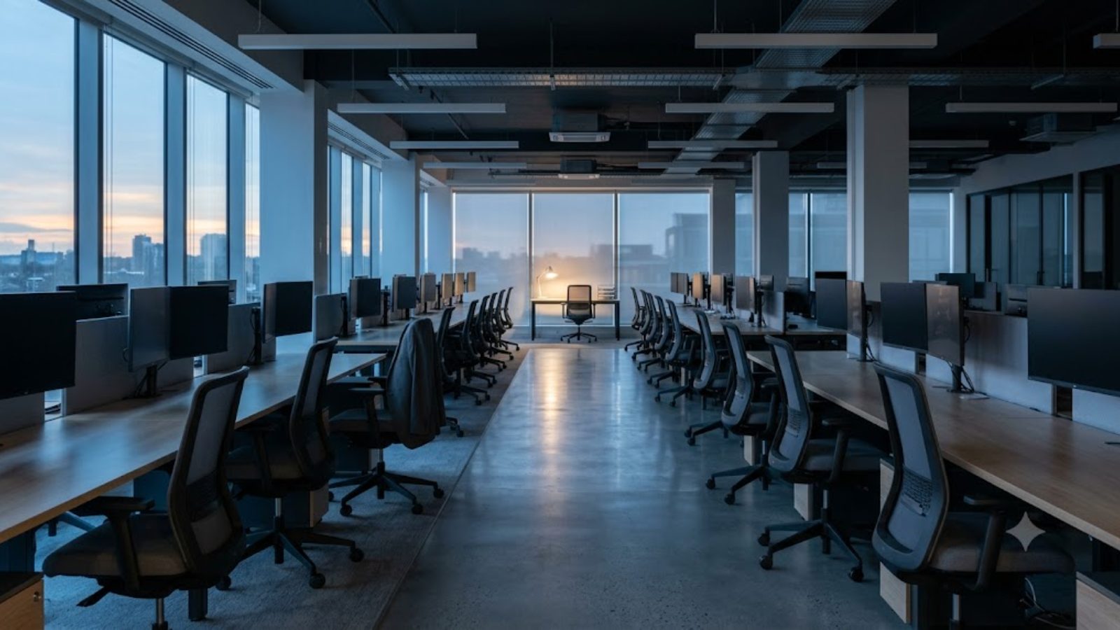 An empty open-plan office at first light, chairs pushed in, one desk lamp still burning