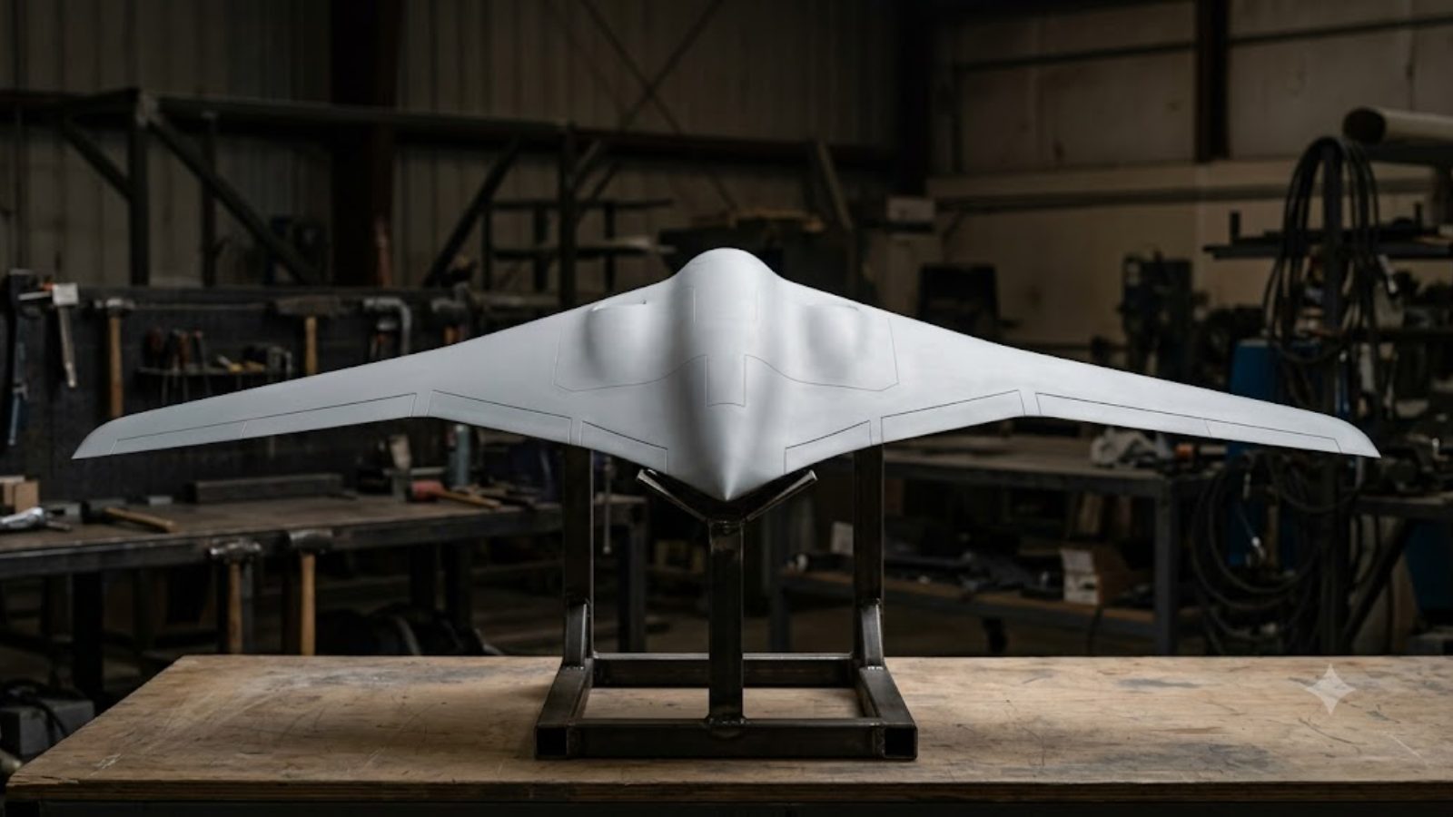 A scale wind-tunnel model of a blended-wing airframe resting on a workshop stand