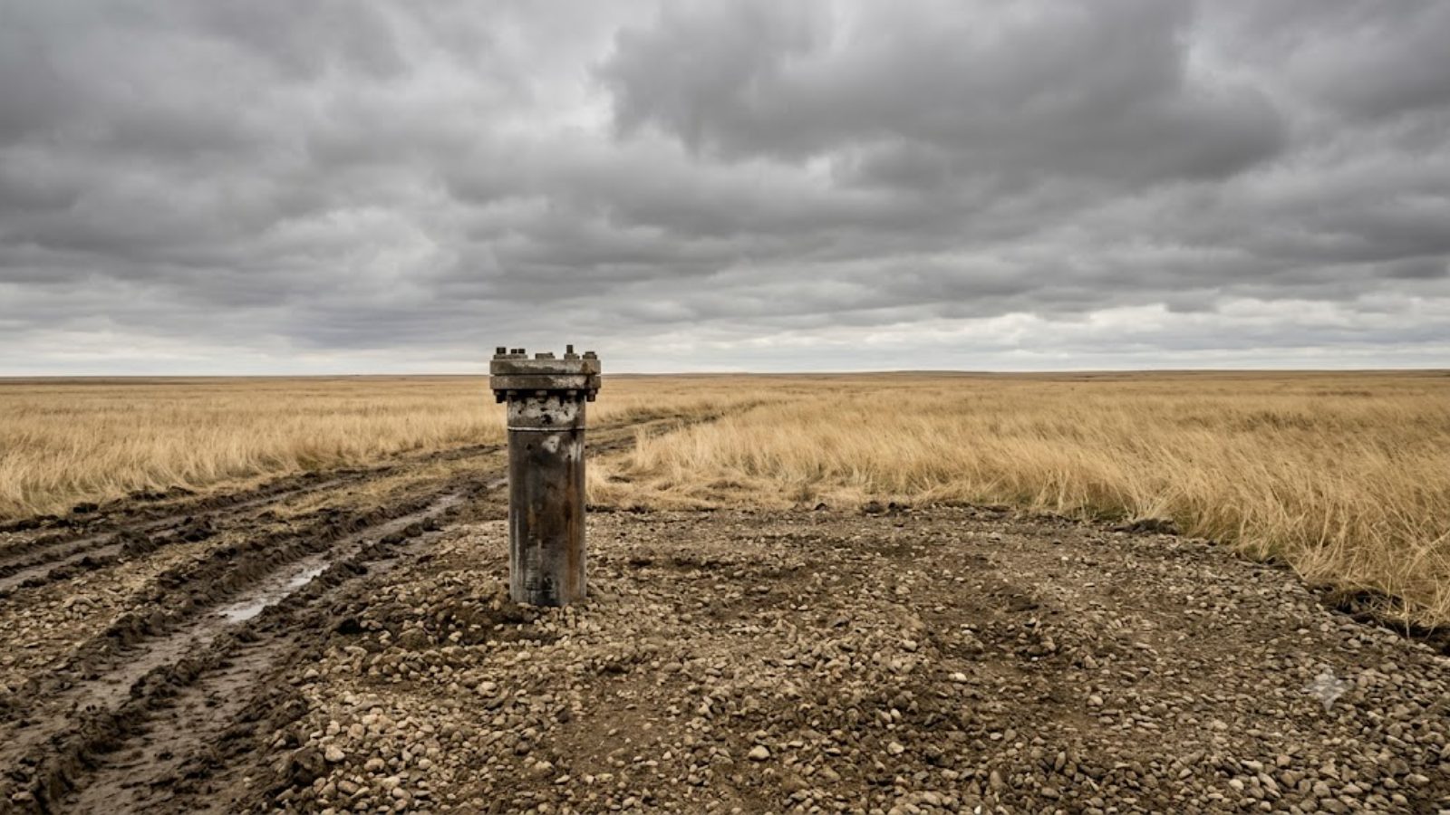 A capped borehole casing on a cleared gravel pad in an empty prairie field
