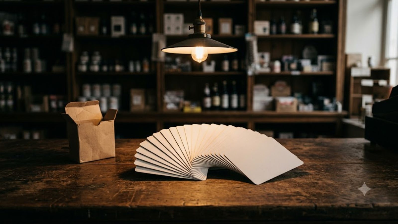 A single fanned stack of blank playing cards on a wooden shop counter under a hanging lamp