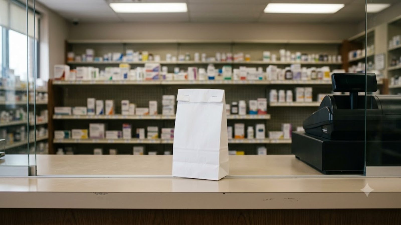 An empty pharmacy counter with a single paper prescription bag under flat light