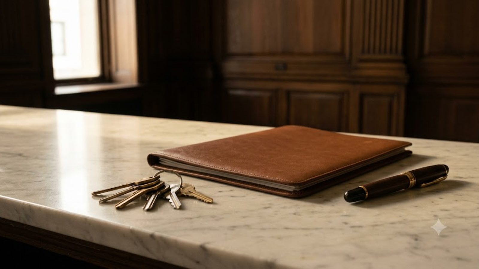 A ring of house keys resting on a marble bank counter beside an unsigned loan folder