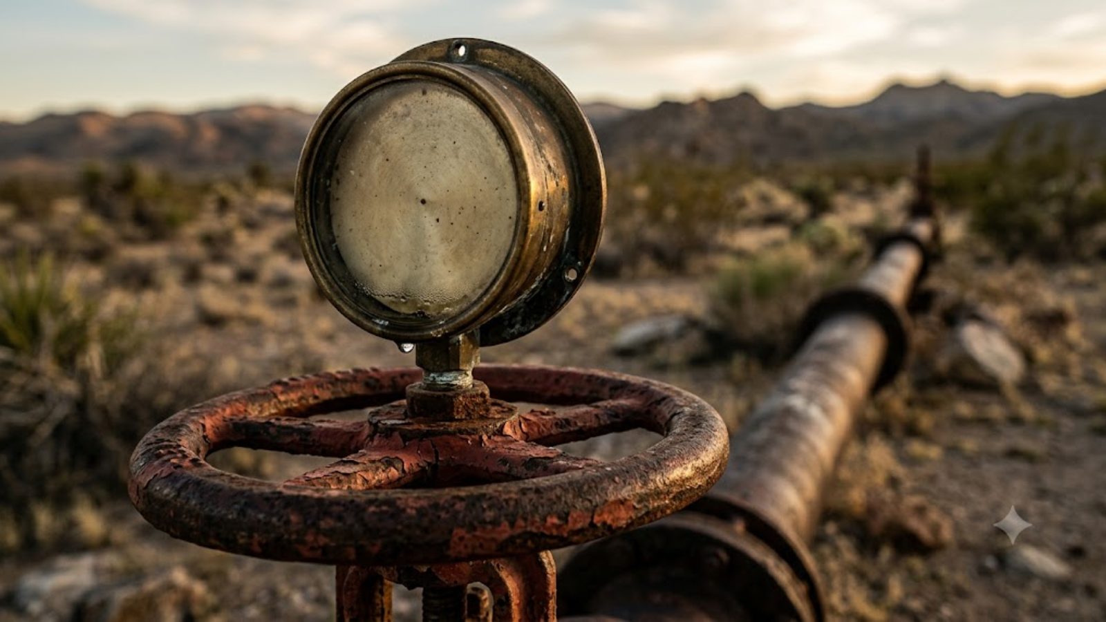 A brass pressure gauge on a weathered pipeline valve, low sun raking across the metal