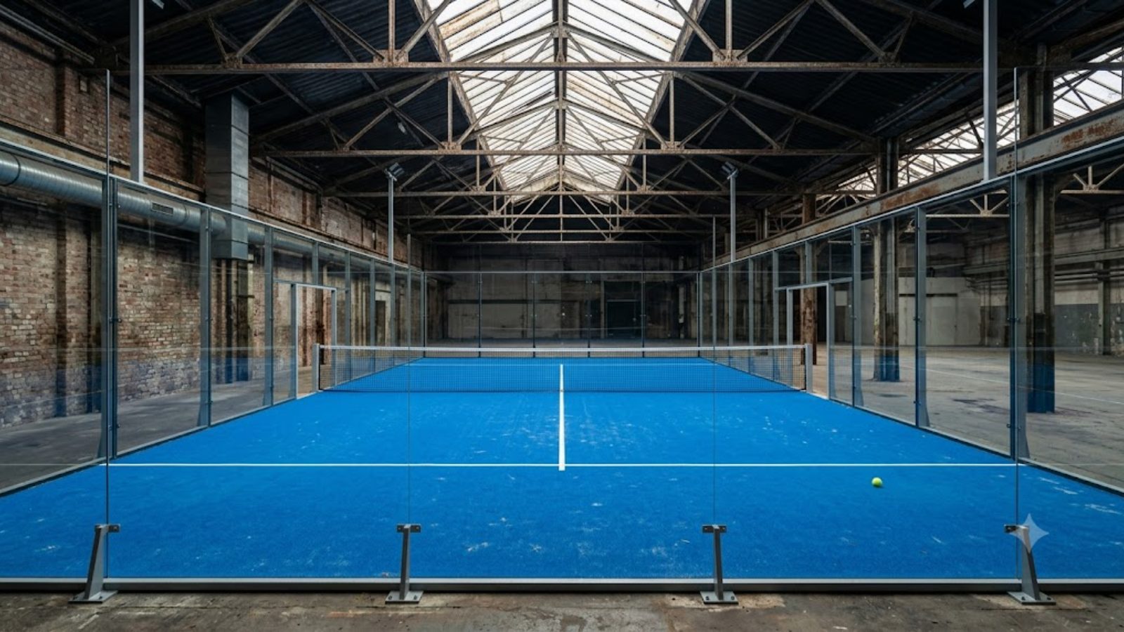 An empty glass-walled racket court inside a converted industrial hall, skylights overhead, one ball on the floor