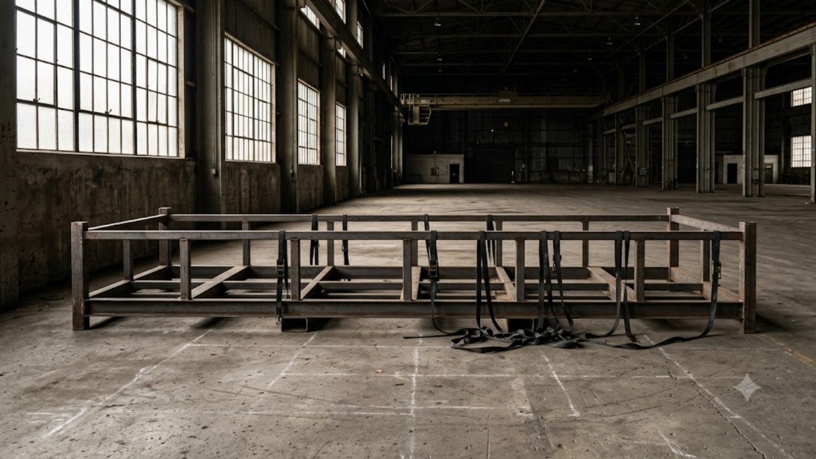 An empty steel shipping cradle on a concrete factory floor beneath high windows