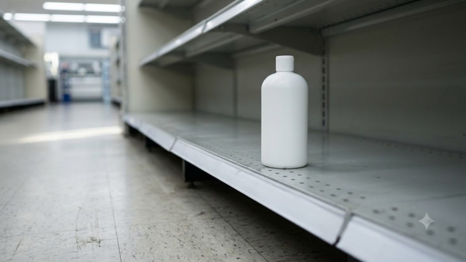 A single unlabeled detergent bottle on a bare supermarket shelf under flat store lighting