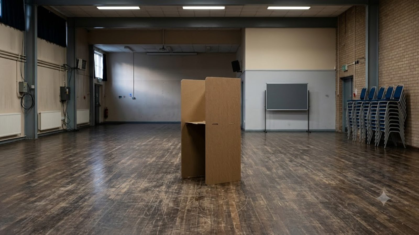 An empty polling place after closing, a folding privacy booth standing alone under fluorescent light