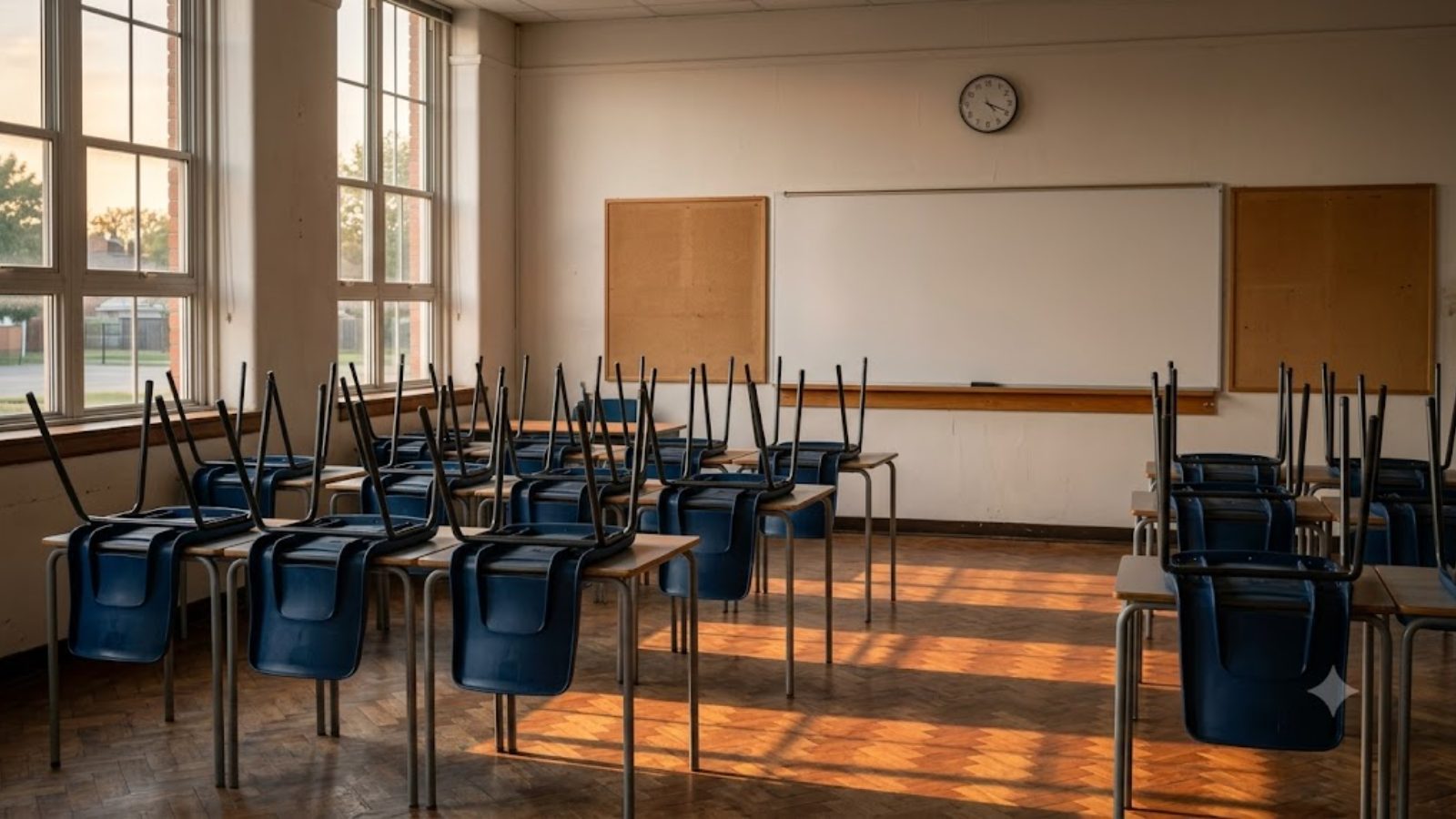 An empty classroom with chairs stacked on desks and a blank whiteboard