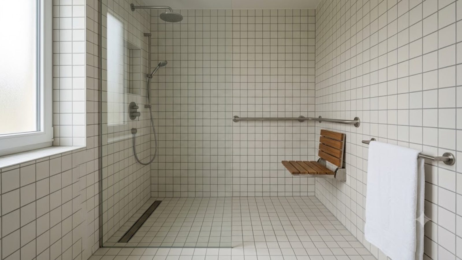 A tiled shower stall with a stainless grab bar and a folding seat, empty and evenly lit