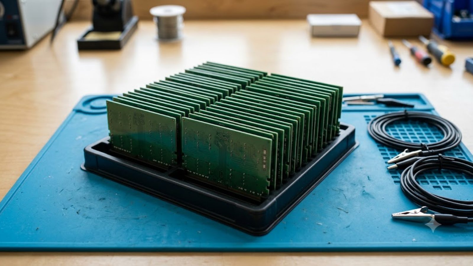 A tray of unmarked memory modules on an antistatic mat under even workshop light