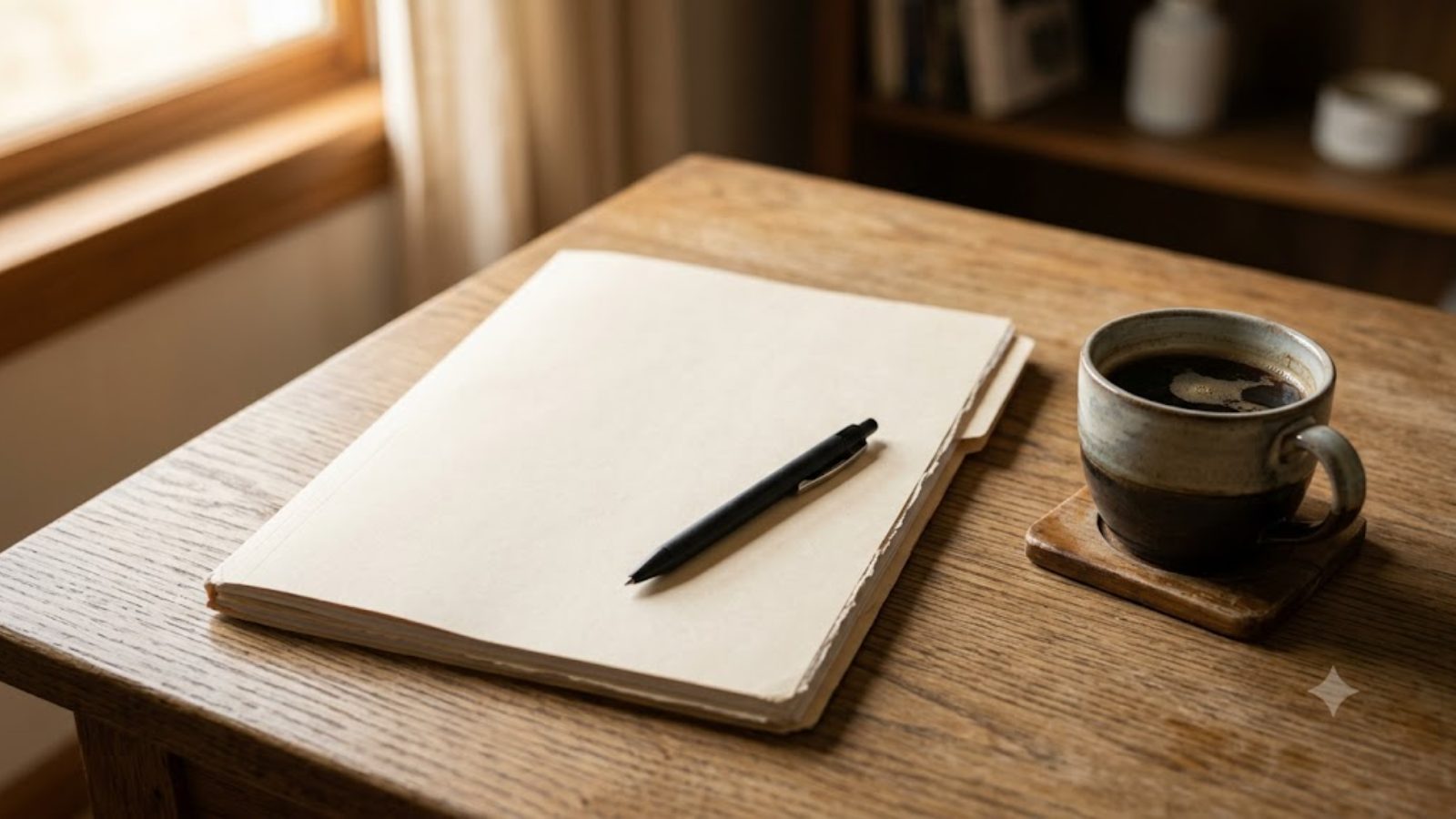 A plain manila plan document squared on a bare desk beside a cold cup of coffee
