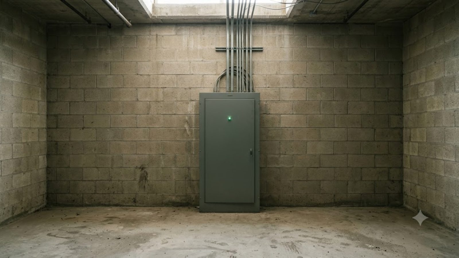 A single unlabeled switch cabinet standing in an empty utility room, one indicator light on