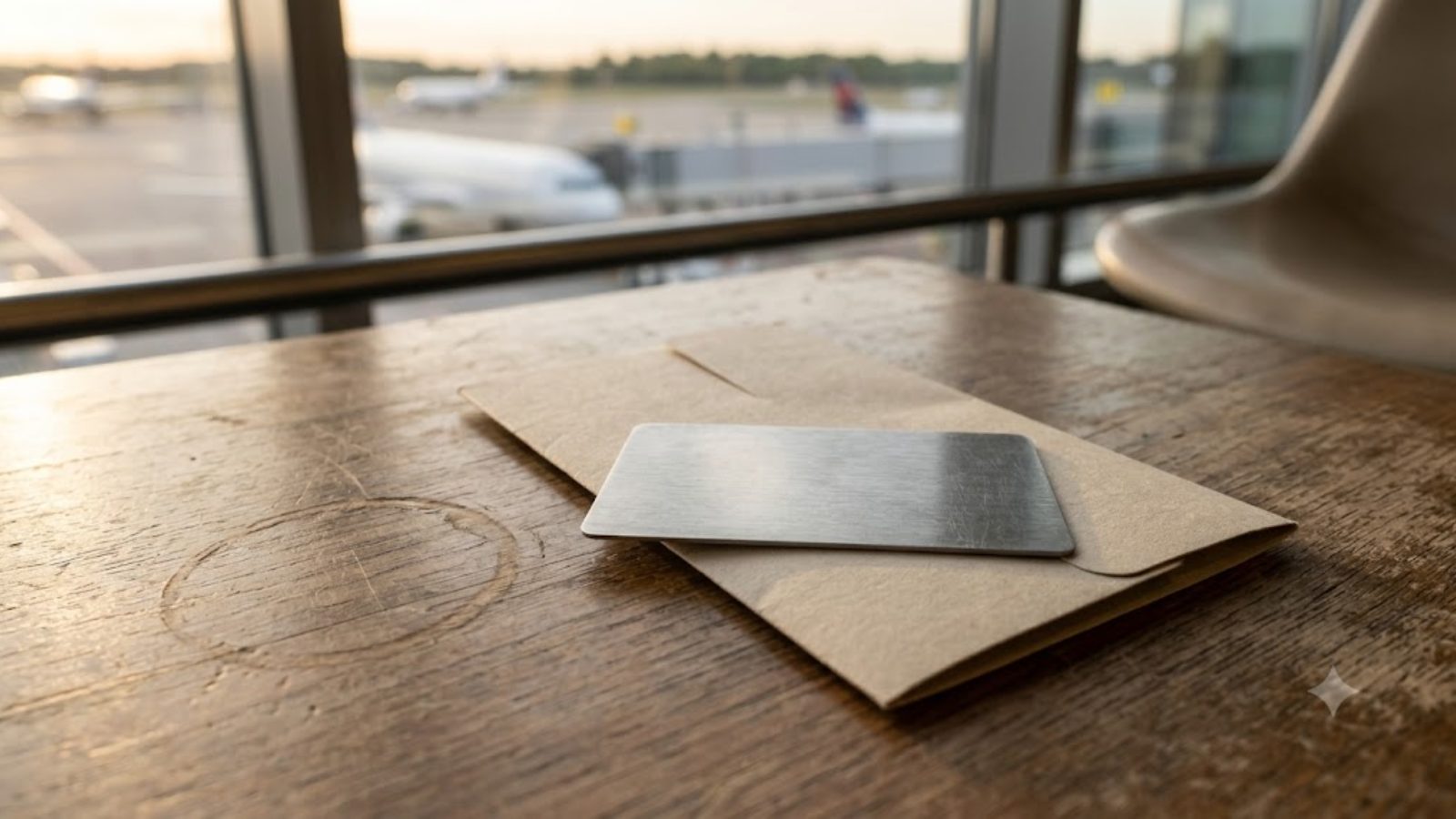 A blank metal credit card resting on a boarding-pass sleeve on a bare table