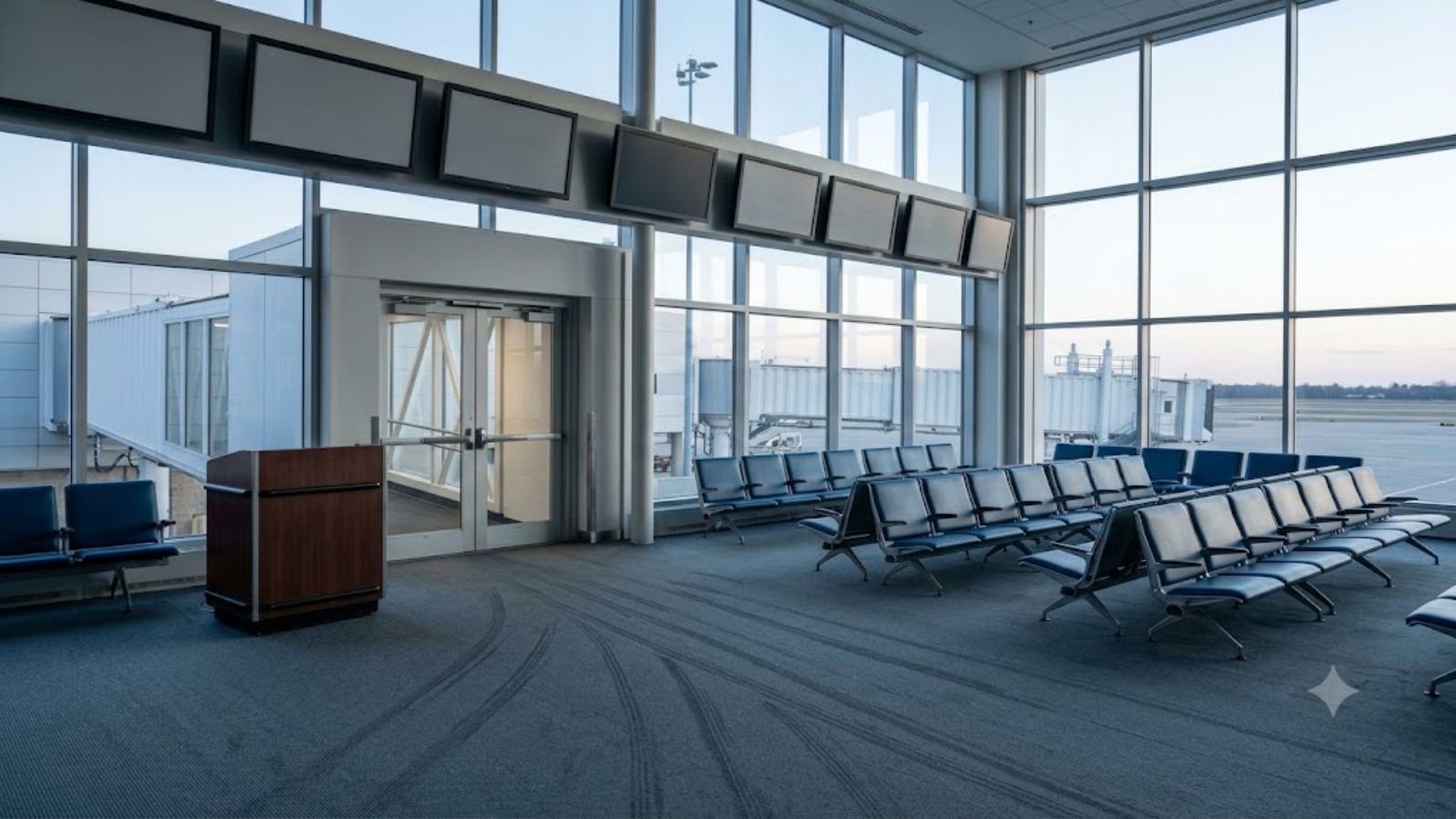 An empty airport gate at dawn, rows of blue seats facing a jet bridge with no aircraft attached