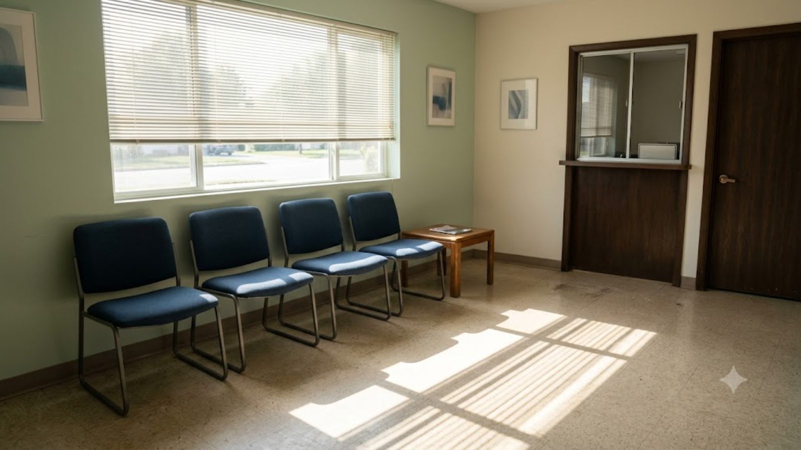 An empty small-town clinic waiting room, four chairs against a pale wall, morning light through blinds