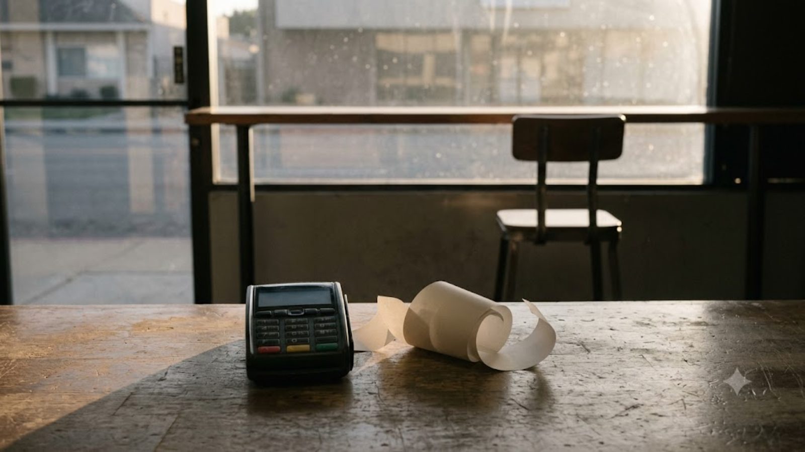 A card terminal on a bare shop counter, receipt roll unspooled, late-afternoon light