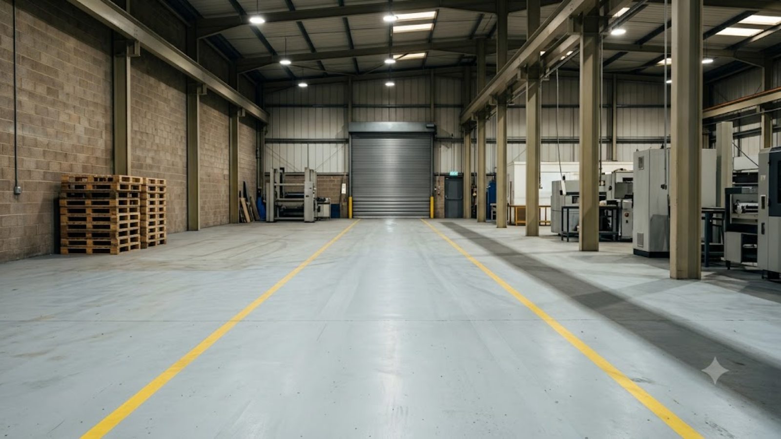 An empty factory floor at shift change, painted lane markings running toward a closed roller door