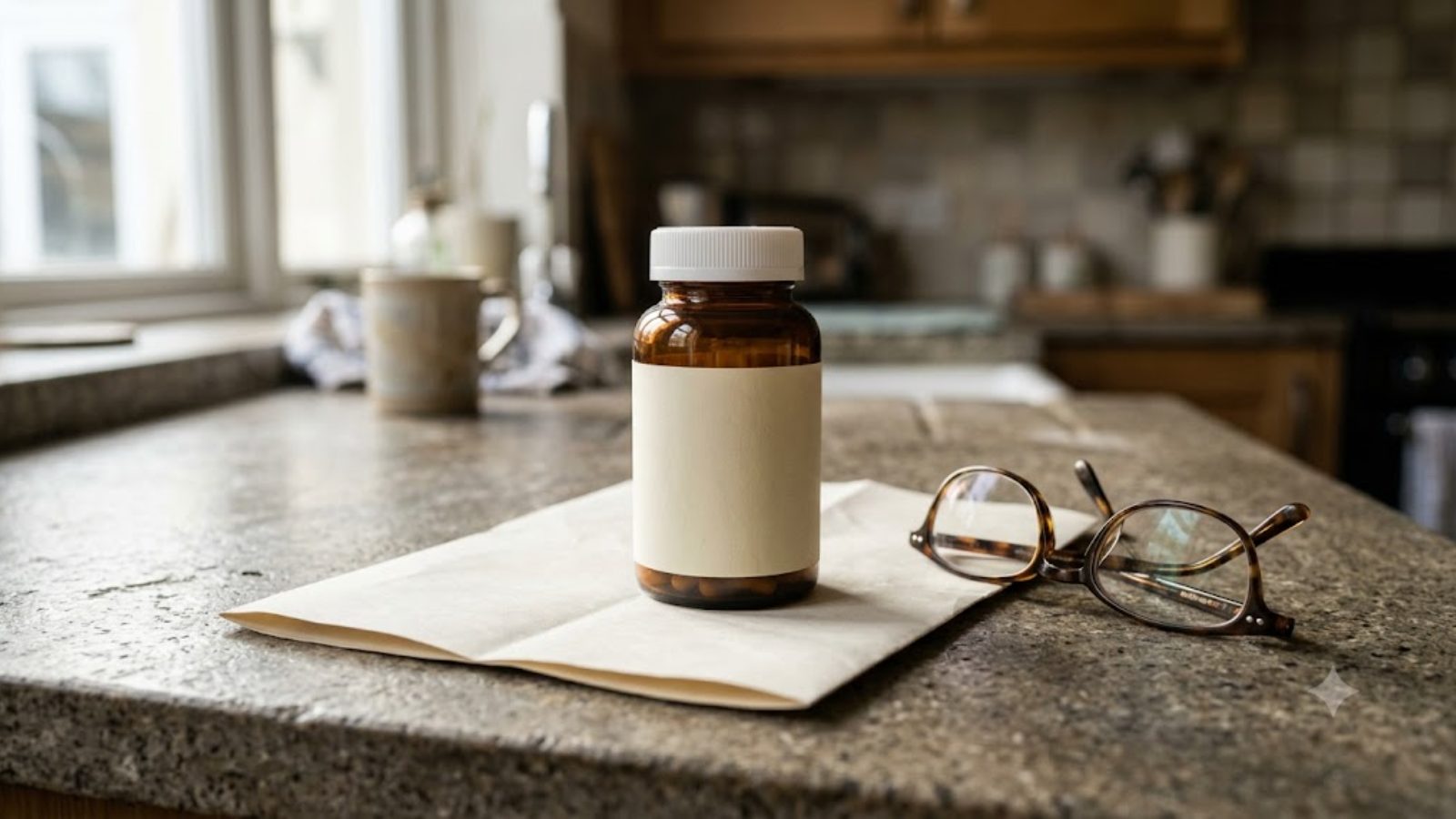 A prescription bottle and an insurance statement on a kitchen counter