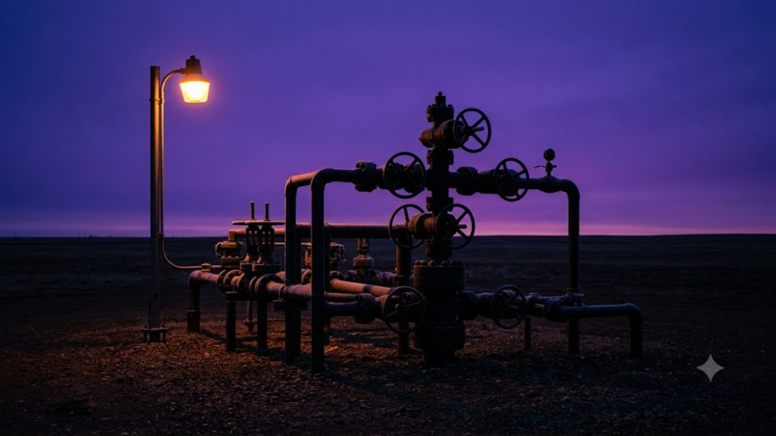 A pipeline valve station at dusk