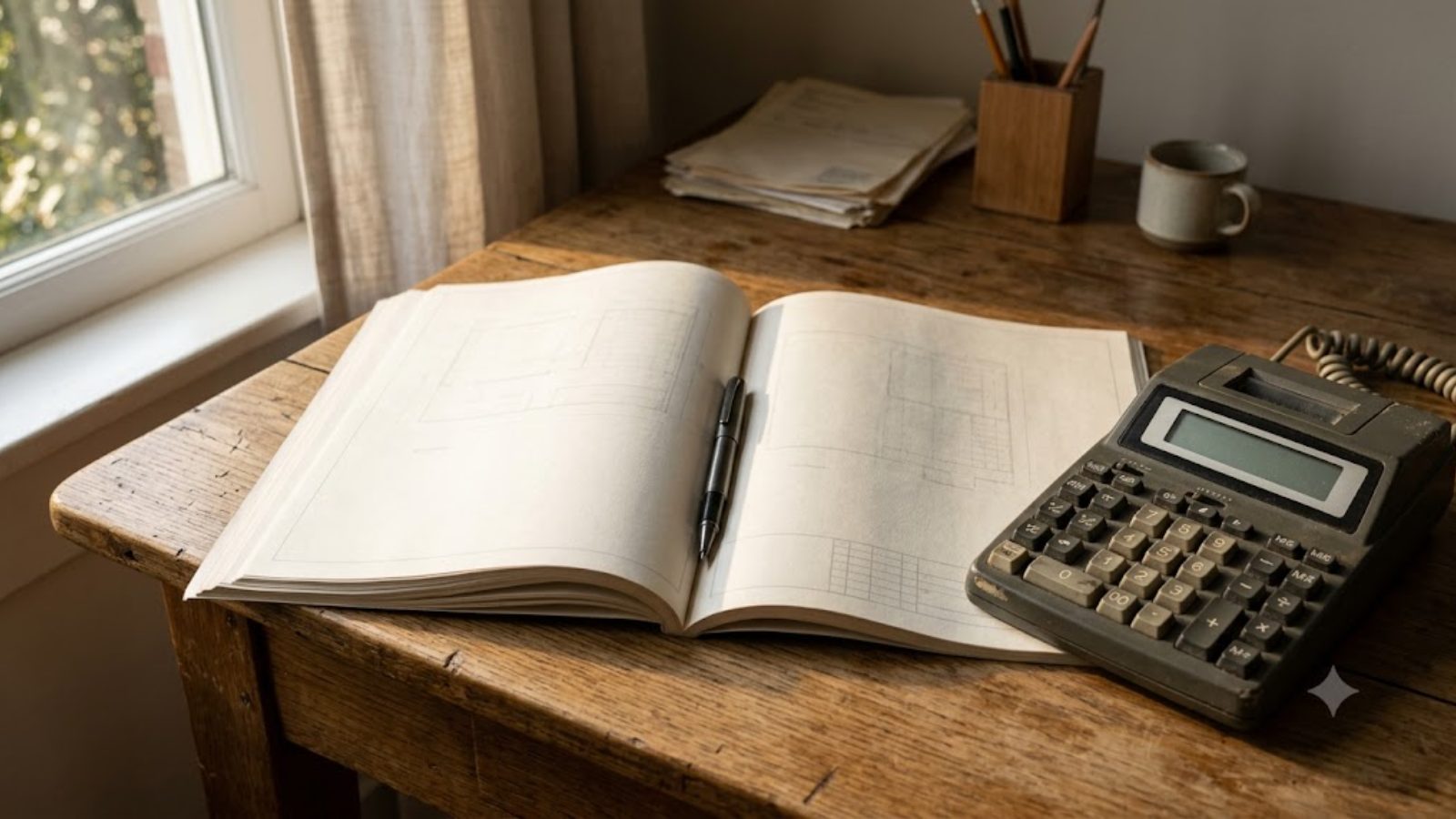 A 401(k) plan document and a calculator on a desk