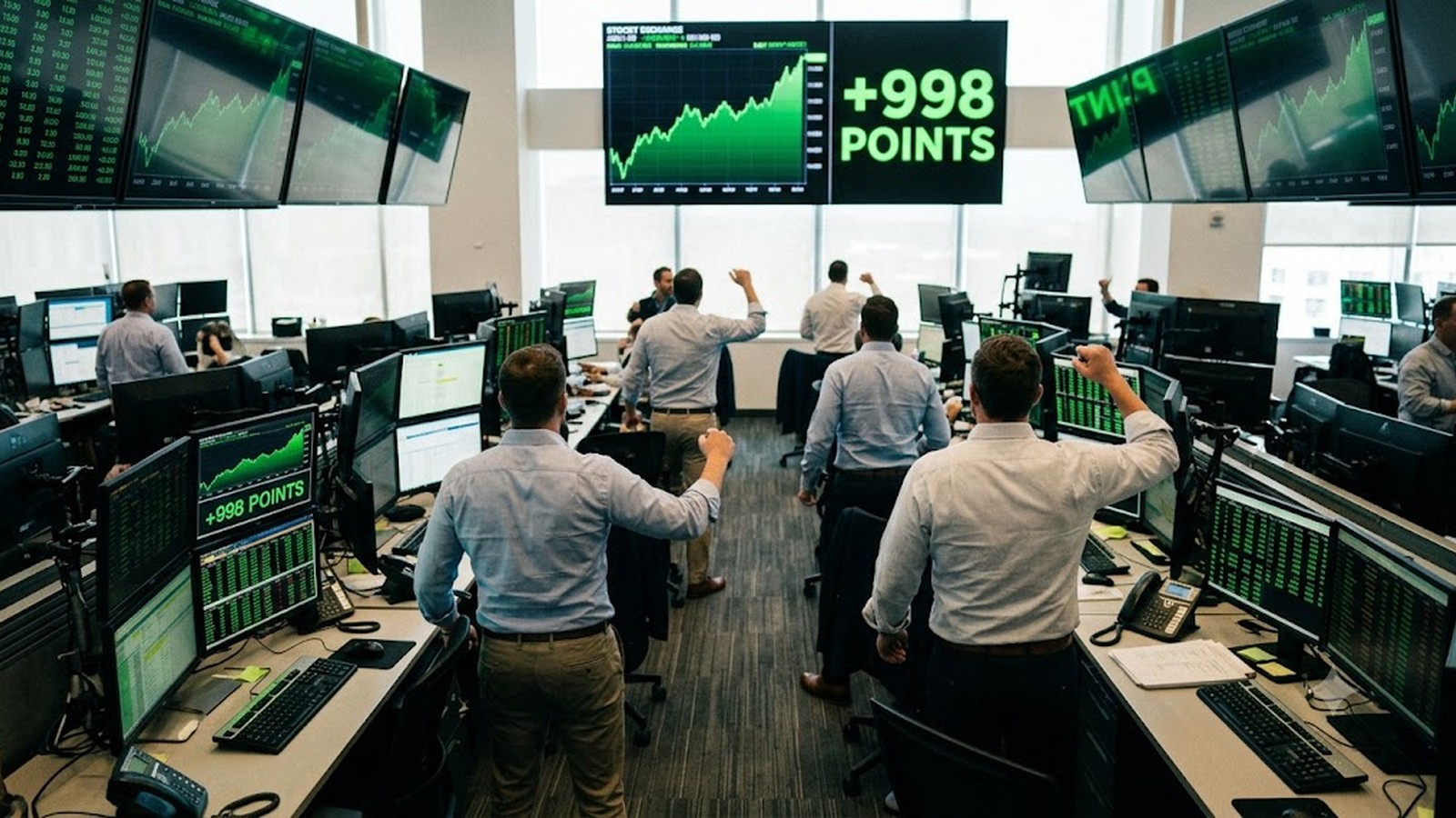 A trading floor turning green as stocks roar back