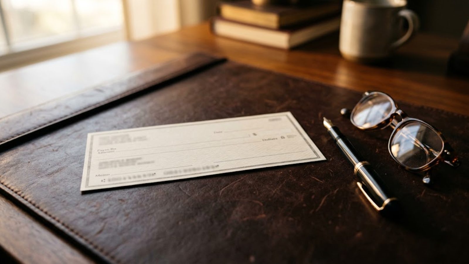 A signed check on a desk under a lamp