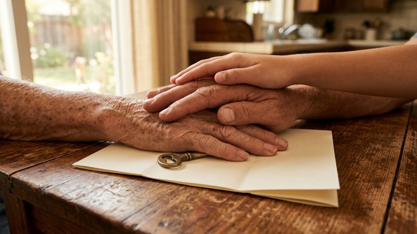 Two generations’ hands over a passed-down envelope and key