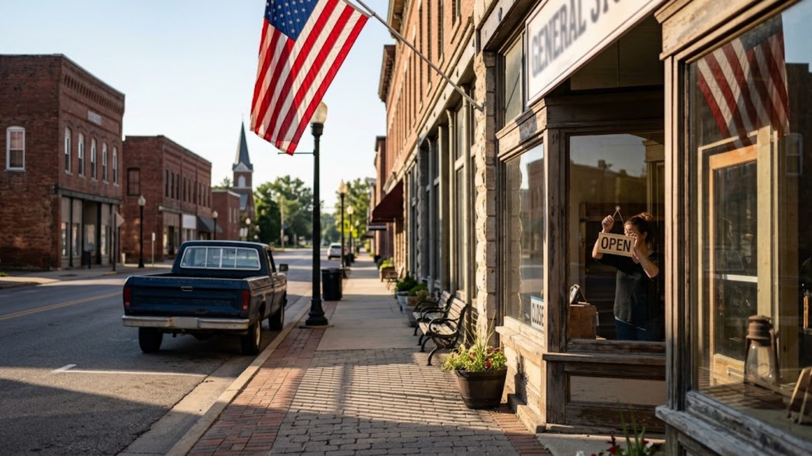 Main street at golden hour — the ordinary life a plan is built to fund