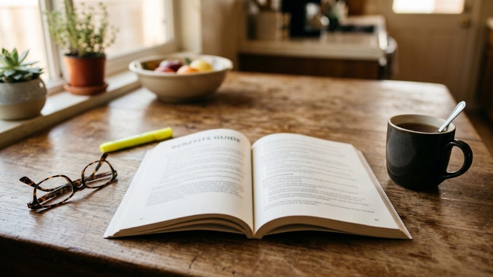 A benefits guide open on a kitchen table with reading glasses and a highlighter