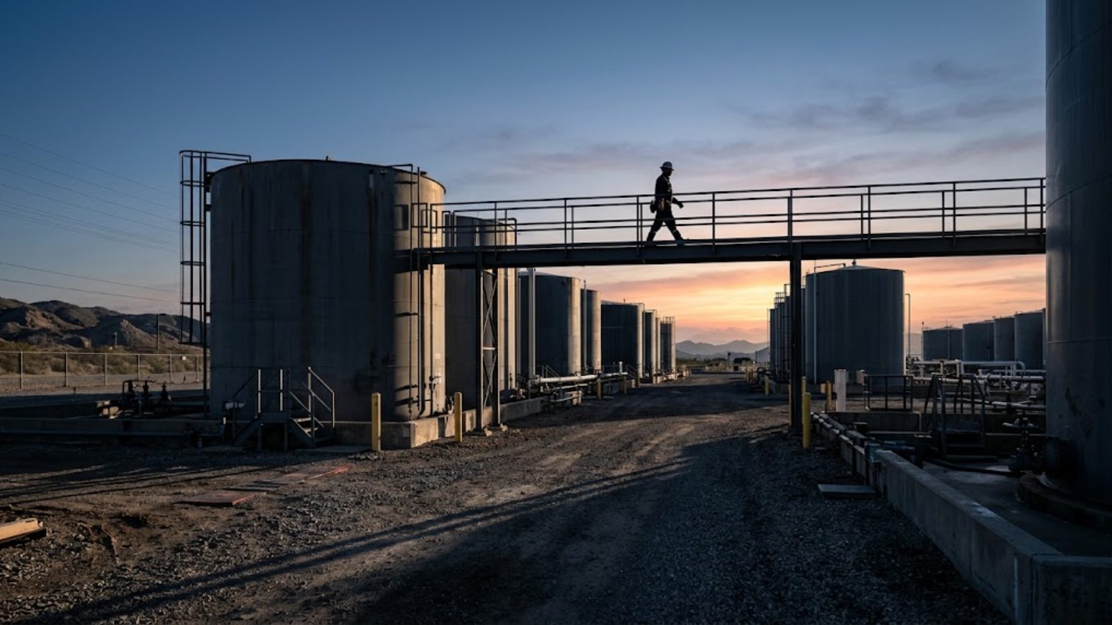 An operator crossing a catwalk between storage tanks at a tank battery at dusk