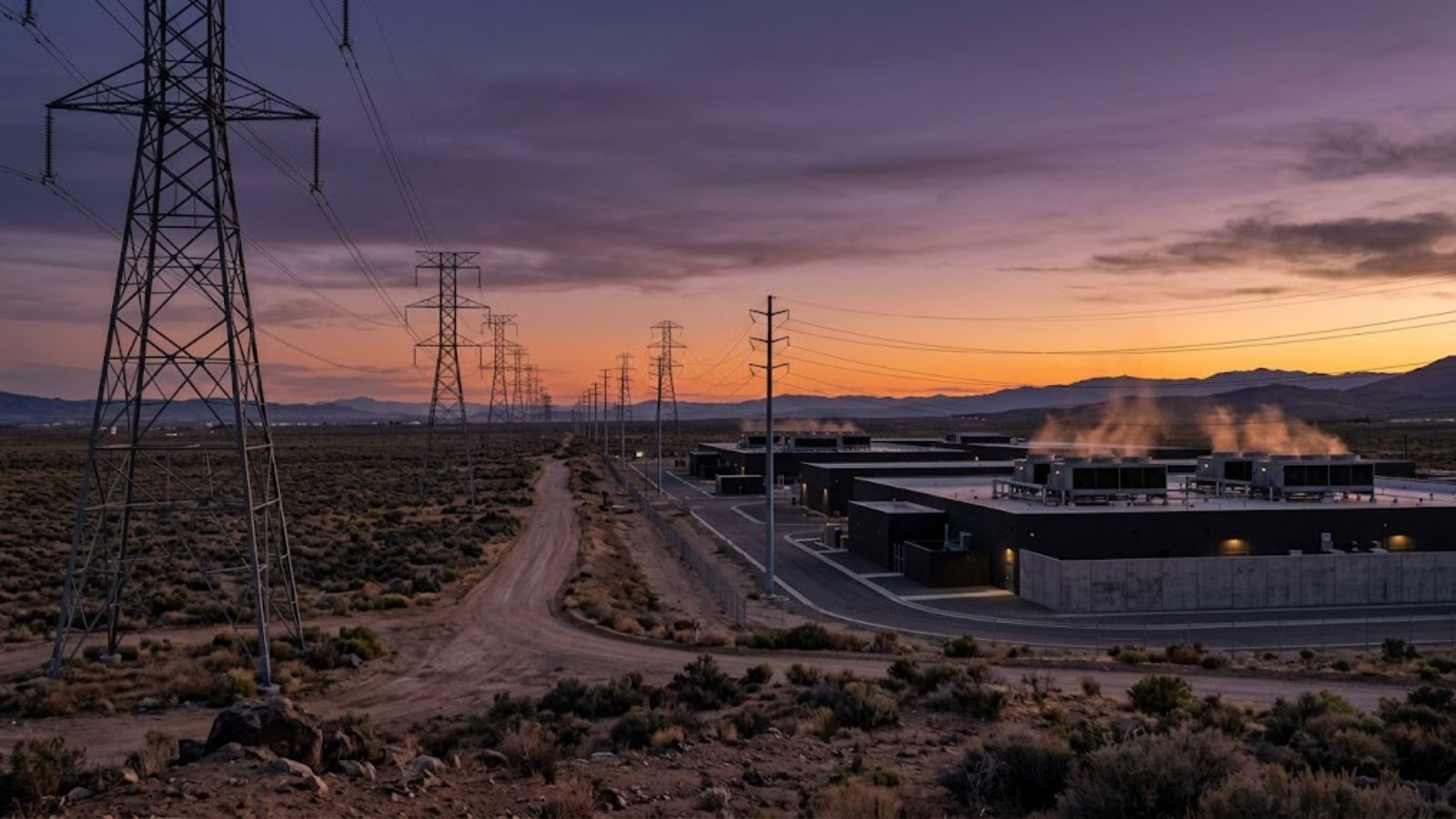Transmission lines converging at dusk