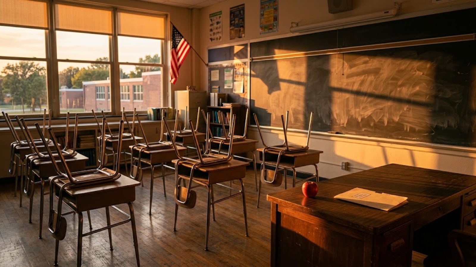 An empty classroom at last light
