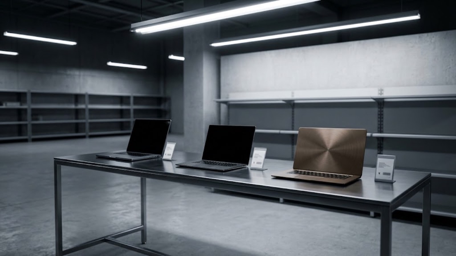 Three laptops on a display table in a dim showroom, screens dark.