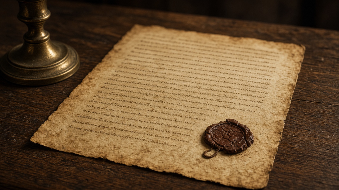 An old, stained parchment document with a dark wax seal on a worn wooden table beside the base of a brass candlestick, in low warm light.