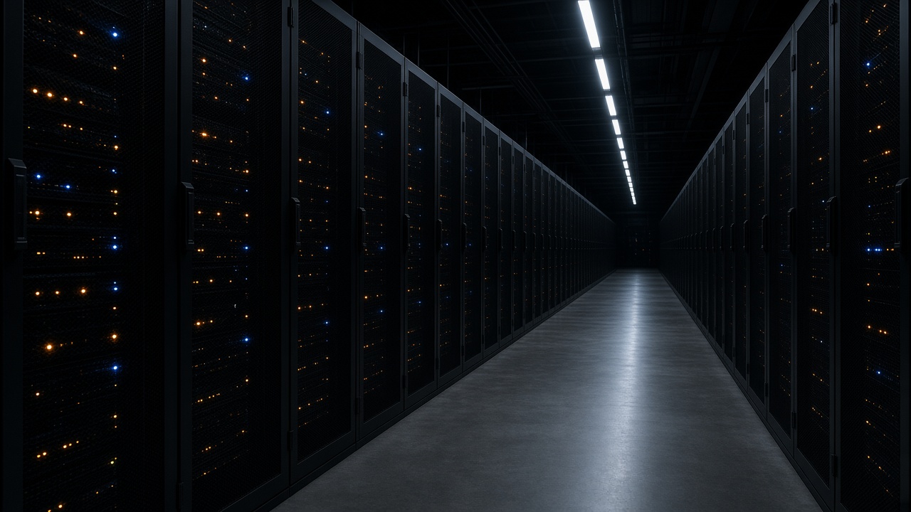 A long, dark data-center aisle between rows of black server racks dotted with small amber and blue lights, a strip of ceiling lights running down the center.