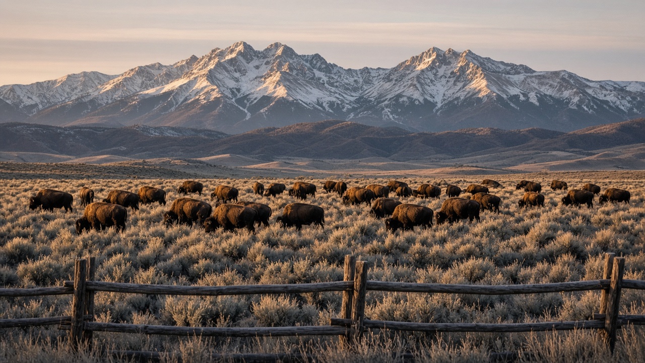 A herd of bison grazing in silver sagebrush behind a split-rail fence, snow-capped mountains glowing in low evening light beyond.