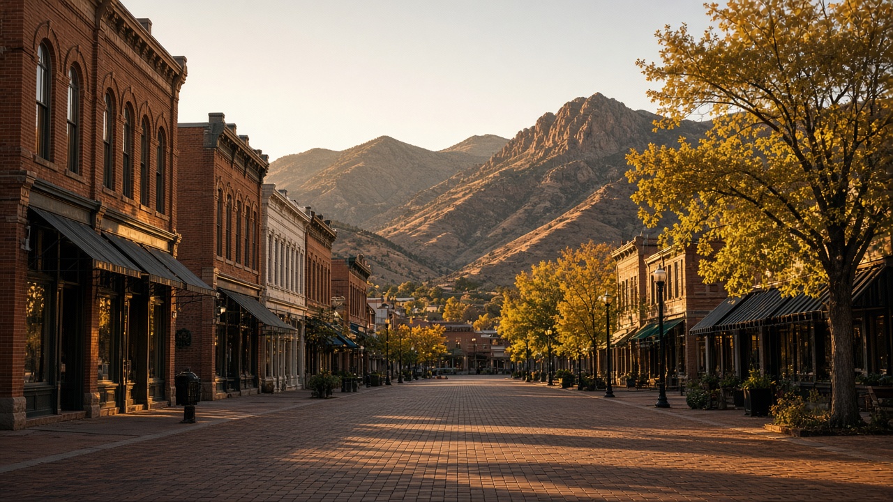 An empty brick pedestrian street lined with 19th-century brick storefronts and golden autumn trees, rugged foothills rising at the end of the street in late-afternoon light.